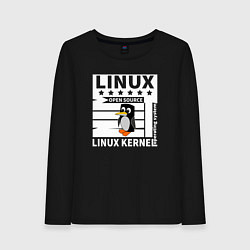 Лонгслив хлопковый женский Пингвин программист системы линукс, цвет: черный