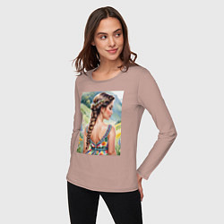 Лонгслив хлопковый женский Девушка на лугу, цвет: пыльно-розовый — фото 2