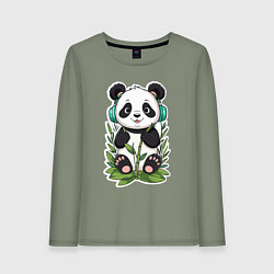 Лонгслив хлопковый женский Медвежонок панды в наушниках, цвет: авокадо