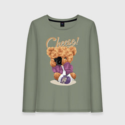 Лонгслив хлопковый женский Плюшевый медвежонок фотограф, цвет: авокадо