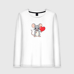 Лонгслив хлопковый женский Мышка с сердечком в руках, цвет: белый