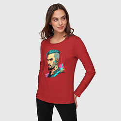 Лонгслив хлопковый женский Портрет мужчины с бородой Cyberpunk 2077, цвет: красный — фото 2