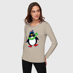 Лонгслив хлопковый женский Пингвин на коньках, цвет: миндальный — фото 2