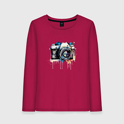 Лонгслив хлопковый женский Фотоаппарат акварель, цвет: маджента