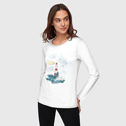Лонгслив хлопковый женский Маяк и волны - акварель, цвет: белый — фото 2