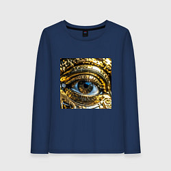 Лонгслив хлопковый женский Глаз металлический желтого цвета в стиле стимпанк, цвет: тёмно-синий