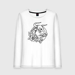 Лонгслив хлопковый женский Корова и цветы, цвет: белый