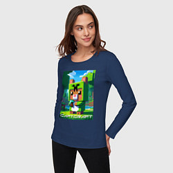 Лонгслив хлопковый женский Capybara and Minecraft collaboration - ai art, цвет: тёмно-синий — фото 2