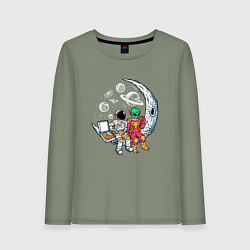 Лонгслив хлопковый женский Астронавт и пришелец едят пиццу, цвет: авокадо