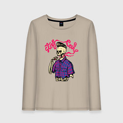 Лонгслив хлопковый женский Курящий скелет, цвет: миндальный