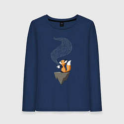 Лонгслив хлопковый женский Лиса пьет чай, цвет: тёмно-синий