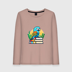 Лонгслив хлопковый женский Попугай на стопке книг, цвет: пыльно-розовый