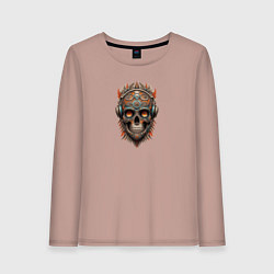 Лонгслив хлопковый женский Череп с механическим орнаментом, цвет: пыльно-розовый