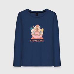 Лонгслив хлопковый женский Девушка в позе лотоса, цвет: тёмно-синий