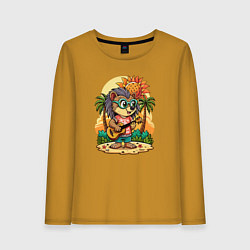 Лонгслив хлопковый женский Ежик гитарист и летний вайб, цвет: горчичный
