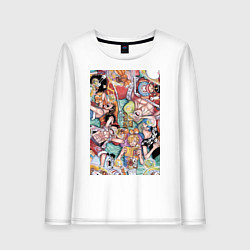 Лонгслив хлопковый женский Ван-Пис Дзимбэ коллаж отдыхающей команды, цвет: белый