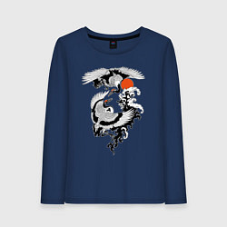 Лонгслив хлопковый женский Японские журавли брачный танец, цвет: тёмно-синий