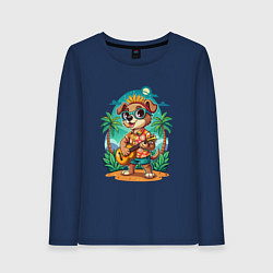 Лонгслив хлопковый женский Щенок играет на гитаре жарким летом, цвет: тёмно-синий