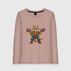 Лонгслив хлопковый женский Крутой рыжий кото держит гантель, цвет: пыльно-розовый