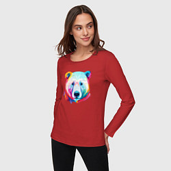 Лонгслив хлопковый женский Яркий портрет белого медведя, цвет: красный — фото 2