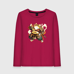 Лонгслив хлопковый женский Кот самурай и лапша, цвет: маджента