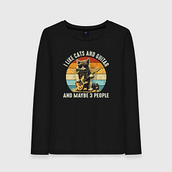 Лонгслив хлопковый женский Люблю котов гитару и может быть трёх людей, цвет: черный