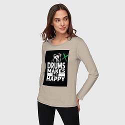 Лонгслив хлопковый женский Барабаны делают меня счастливее, цвет: миндальный — фото 2