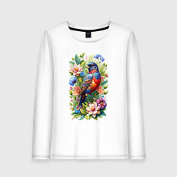 Лонгслив хлопковый женский Расписной овсянковый кардинал среди цветов, цвет: белый