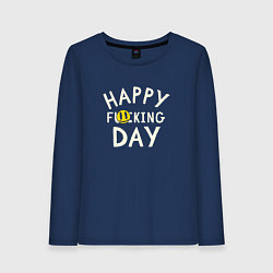 Лонгслив хлопковый женский Happy f**king day - надпись и смайл, цвет: тёмно-синий