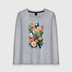 Лонгслив хлопковый женский Голубой попугай Ара среди цветов, цвет: меланж