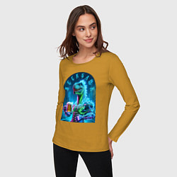 Лонгслив хлопковый женский Neon beersaur - ai art fantasy, цвет: горчичный — фото 2