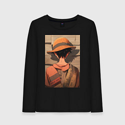 Лонгслив хлопковый женский Ван-Пис Луффи стенгазета, цвет: черный