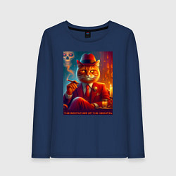 Лонгслив хлопковый женский Крутой рыжий кот - крёстный отец мяуфии, цвет: тёмно-синий