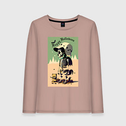 Лонгслив хлопковый женский Прикольный черепок - хэллоуин, цвет: пыльно-розовый