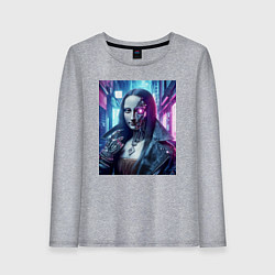 Лонгслив хлопковый женский Мона Лиза в кожаной косухе - киберпанк, цвет: меланж