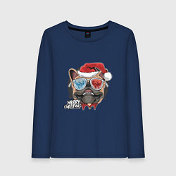 Лонгслив хлопковый женский Новогодний мопс, цвет: тёмно-синий