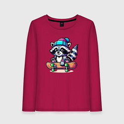 Лонгслив хлопковый женский Енотик крутой скейтбордист - нейроарт, цвет: маджента