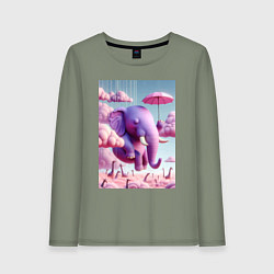 Лонгслив хлопковый женский Розовый слон под зонтом в облаках, цвет: авокадо