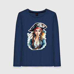Лонгслив хлопковый женский Девушка пиратка, цвет: тёмно-синий