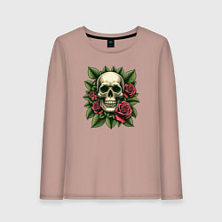 Лонгслив хлопковый женский Череп в зеленых листьях и красных розах, цвет: пыльно-розовый