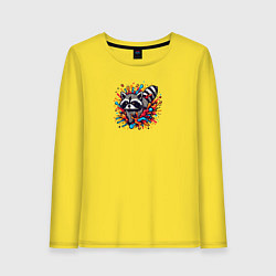 Лонгслив хлопковый женский Енот в брызгах краски, цвет: желтый