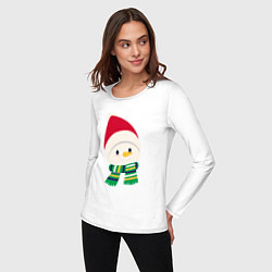 Лонгслив хлопковый женский Праздничный снеговик в красной шапочке, цвет: белый — фото 2