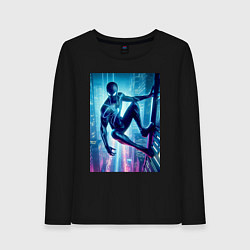 Лонгслив хлопковый женский Чувак-паук висит на стене небоскрёба, цвет: черный