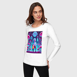 Лонгслив хлопковый женский Rick and Morty among neon mushrooms - ai art fanta, цвет: белый — фото 2
