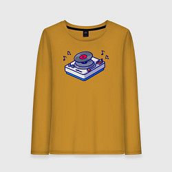 Лонгслив хлопковый женский Музыкальный виниловый проигрыватель, цвет: горчичный