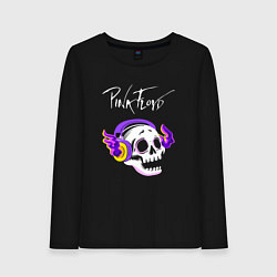 Лонгслив хлопковый женский Pink Floyd - неоновый череп, цвет: черный