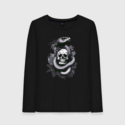 Лонгслив хлопковый женский Змея обвивающая череп, цвет: черный