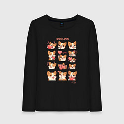 Лонгслив хлопковый женский Милая собачка с сердечками, цвет: черный