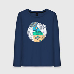 Лонгслив хлопковый женский Летающая тарелка на пляже, цвет: тёмно-синий