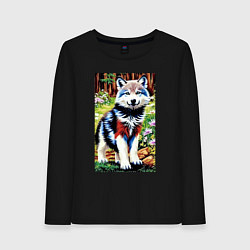 Лонгслив хлопковый женский Прикольный милый волчонок, цвет: черный